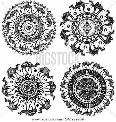 Set Of Round Ornament Pattern With Camels And Ethnic Motifs