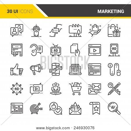 Vector Set Of Marketing And Advertising Flat Line Web Icons. Each Icon With Adjustable Strokes Neatl