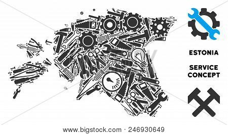 Repair Service Estonia Map Mosaic Of Instruments. Abstract Geographic Plan In Grey Color. Vector Est