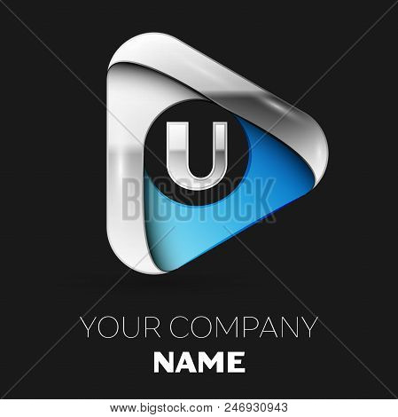Realistic Silver U Letter Logo Symbol In Silver-blue Triangle Shape On Black Background. Vector Temp