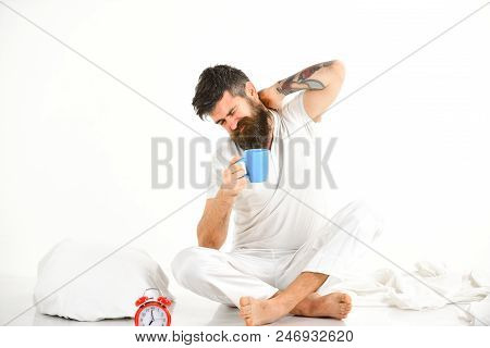 Man Needs To Get Up Early In Morning, White Background. Not Enough Sleep Concept. Sleepy Hipster Bea