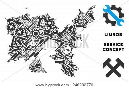Service Limnos Greek Island Map Mosaic Of Instruments. Abstract Territorial Scheme In Grey Color. Ve