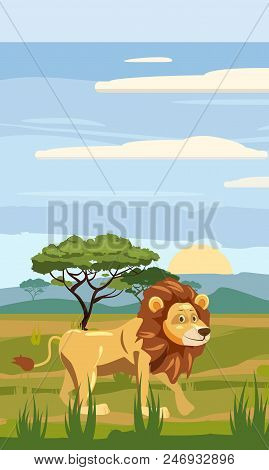 Cute Cartoon Lion On Background Landscape Savannah Africa Illustration, Vector