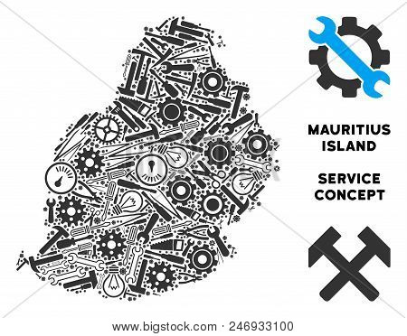 Repair Workshop Mauritius Island Map Collage Of Tools. Abstract Territorial Plan In Grey Color. Vect