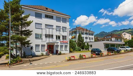Schwyz, Switzerland - June 23, 2018: Buildings Of The Town Of Schwyz. The Town Of Schwyz Is The Capi