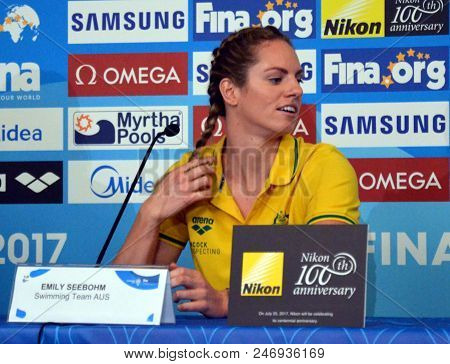 Budapest, Hungary - Jul 21, 2017. Emily Seebohm On The Press Conference Of The Swimming Team Austral