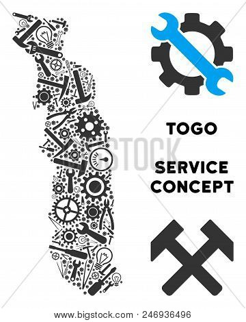Repair Service Togo Map Composition Of Instruments. Abstract Territory Scheme In Gray Color. Vector 