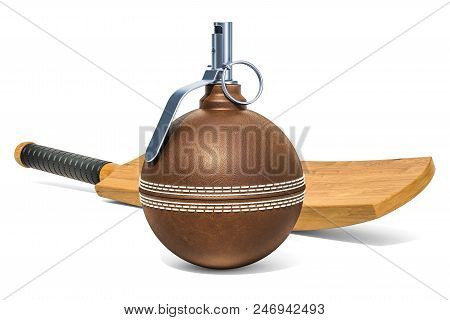 Cricket Ball Hand Grenade And Bat. 3d Rendering Isolated On White Background