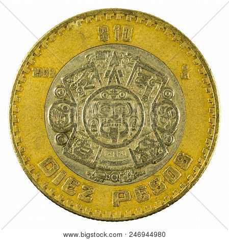 Ten Mexican Peso Coin (1998) Isolated On White Background