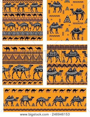 Set Of Seamless Pattern With Camels And Ethnic Motifs