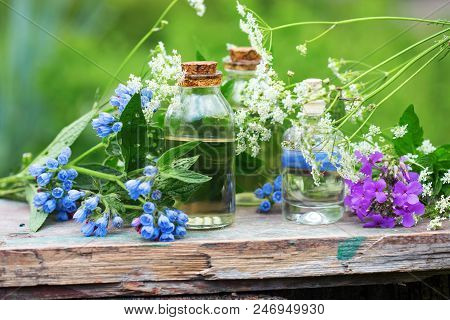Essential Aroma Oil  In Bottles On Wooden Background Outdoor. Selective Focus. Natural Ogranic Produ