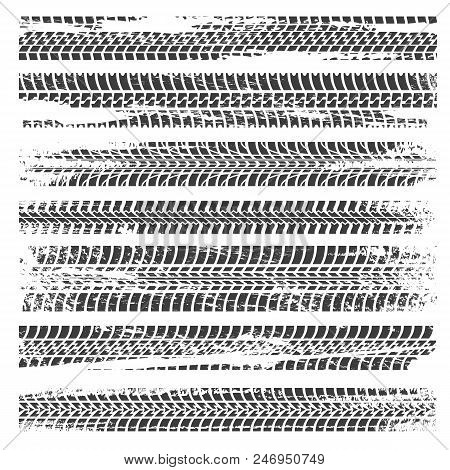 Tire Tracks. Automobile Or Motorcycle Dirty Tire Tracks Signs Vector Illustration, Road Grunge Rubbe