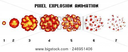 Pixel Art Explosions. Game Icons Set. Comic Boom Flame Effects For Emotion. 8-bit Vector. Bang Burst