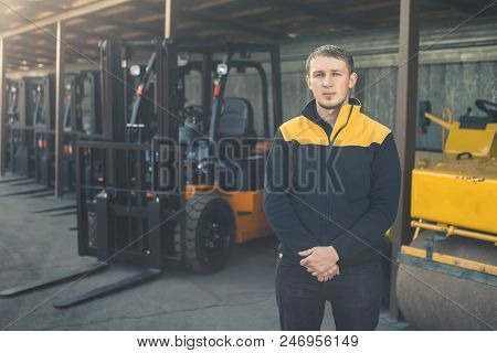 Background Of A Lot Of Forklifts, Reliable Heavy Loader, Truck. Heavy Duty Equipment, Forklift. Mana