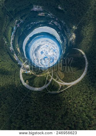 Sphere Planet. Riga, Latvia, Virtual, Reality Vr Technology 360 Life Simulation Drone Shot Daugava R