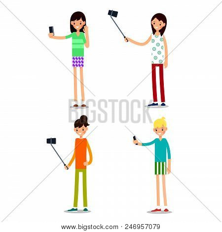 Woman Selfie Isolated. Friends Do Joint Self-portrait Photograph. Happy Smiling Young Girls Taking S