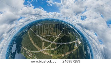Sphere Planet. Riga, Latvia, Virtual, Reality Vr Technology 360 Life Simulation Drone Shot Daugava R