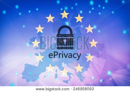 E Privacy Text On Eu Flag And Map Background. 3D Illustration