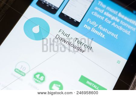 Ryazan, Russia - June 24, 2018: Flud Torrent Downloader Mobile App On The Display Of Tablet Pc