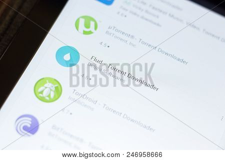 Ryazan, Russia - June 24, 2018: Flud Torrent Downloader Icon On The List Of Mobile Apps