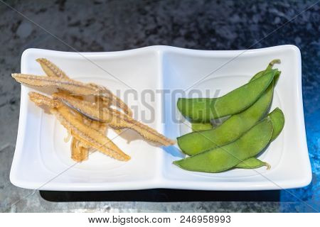 Deep Fried Fish Bone Senbei And Edamame Beans