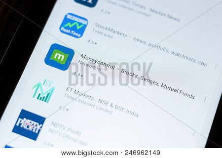 Ryazan, Russia - June 24, 2018: Moneycontrol Stox, Sensex And Mutual Funds Icon On The List Of Mobil