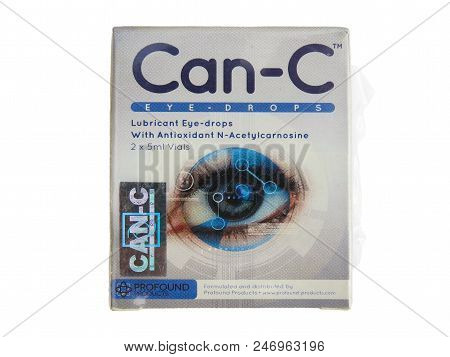 Wrexham, Uk - September 06, 2015: Sealed Packet Of Profound Products Can-c Eye Drops On A White Back