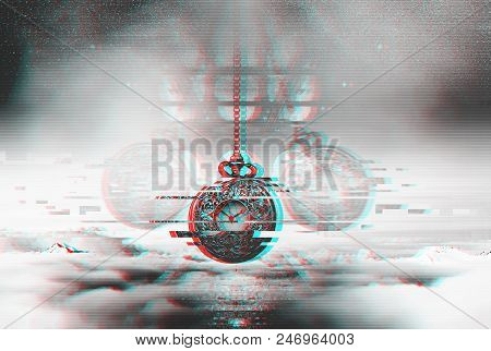 Time Glitch Concept. Hypnotising Watch On A Chain Swinging Above Clouds.