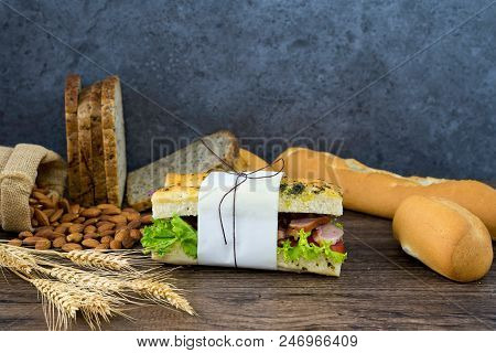 Sandwich Sandwich With Ham Fresh Green Lettuce Red Tomatoes Have French Bread Almonds In Sacks And W