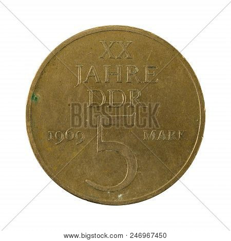 Historic 5 East German Mark Coin (1969) Obverse Isolated On White Background