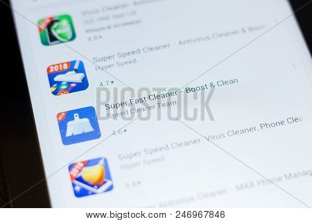 Ryazan, Russia - June 24, 2018: Super Fast Cleaner Icon On The List Of Mobile Apps
