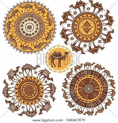 Set Of Round Ornament Pattern With Camels And Ethnic Motifs