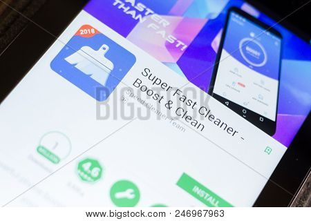 Ryazan, Russia - June 24, 2018: Super Fast Cleaner Mobile App On The Display Of Tablet Pc