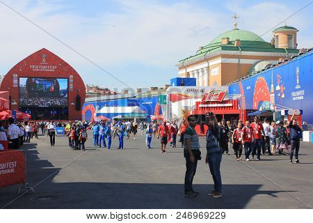 St. Petersburg, Russia - June 18, 2018: Football Fans At Fifa World Cup Russia 2018 Official Fan Zon