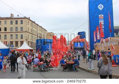 St. Petersburg, Russia - June 18, 2018: Football Fans At Fifa World Cup Russia 2018 Fan Fest. Footba