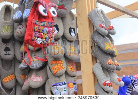 St. Petersburg, Russia - June 25, 2018: Valenki Traditional Russian Footwear On Gift Shop Stall. Fel