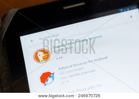 Ryazan, Russia - June 24, 2018: Duckduckgo Privace Browser Icon On The List Of Mobile Apps