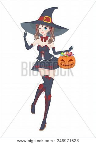 Anime Manga Girl In A Witch Costume With A Big Hat On Her Head And Boots. Holds A Pumpkin Bag With S