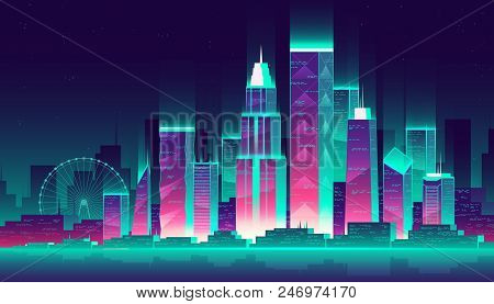 Vector Modern Megapolis At Night. Glowing Buildings And Ferris Wheel In Cartoon Style, Neon Colors. 