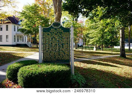 Bay View, Michigan / United States - October 17, 2017: A Sign, Placed By The Michigan Historical Cen