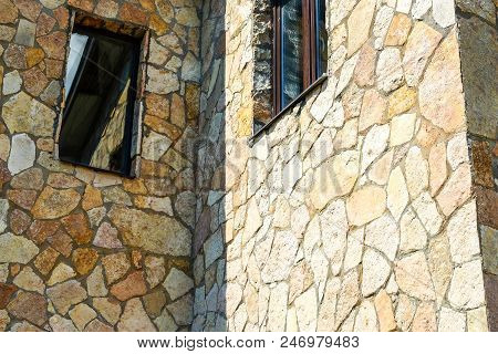 Textures Of Stone Masonry. Fortress Wall. Old Stone