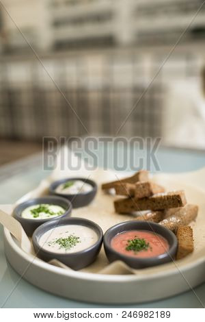 Food For Football, Chips, Toasts Sauces Shrimps