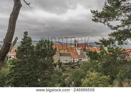 Ustek Town With Old Houses In Dark Summer Day In North Bohemia Region