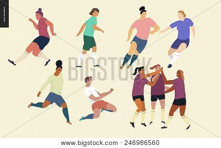 European Football, Soccer Players Set - Flat Vector Illustration Of A Young Women Wearing European F