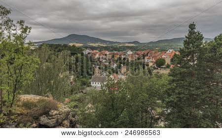 Ustek Town With Old Houses In Dark Summer Day In North Bohemia Region