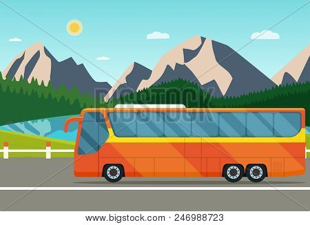 Passenger Bus. Summer Landscape With Forest, Mountains And Laker. Vector Flat Style Illustration