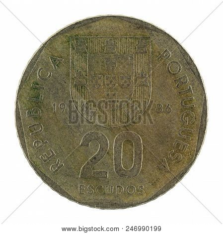 20 Portuguese Escudo Coin (1986) Isolated On White Background
