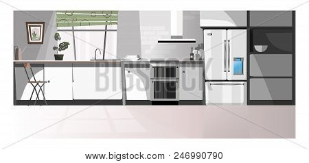 Modern Kitchen Room With Appliances Vector Illustration. Gray Domestic Kitchen Area With Counter, Fr