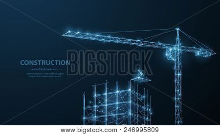 Construction. Polygonal Wireframe Building Under Crune On Dark Blue Night Sky With Dots, Stars. Cons