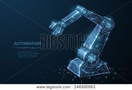 Robot Hand. Polygonal Wireframe Mesh Looks Like Constellation On Dark Blue With Dots And Stars. Auto